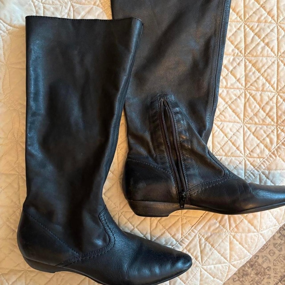 Womens Black Leather Tall Pointed Toe Low Wedge Boots Side Zip Slouchy